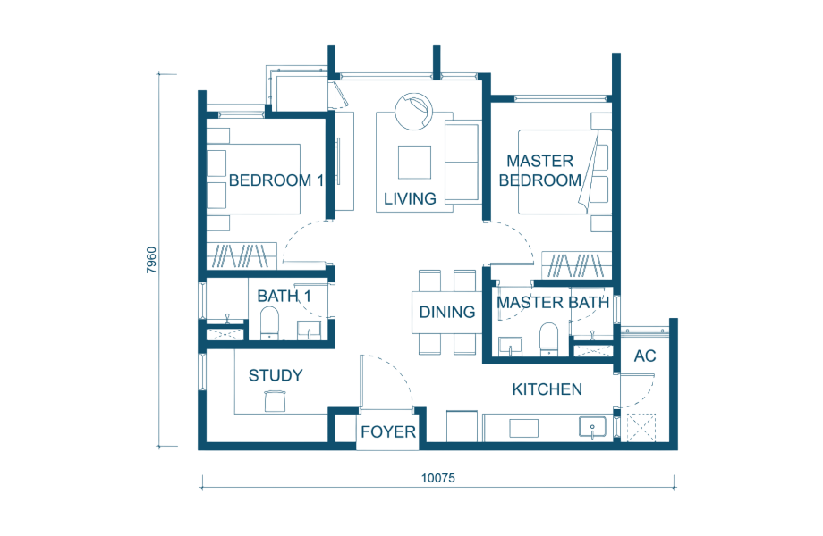 Aricia Type B1 floor plan — 757 sq ft