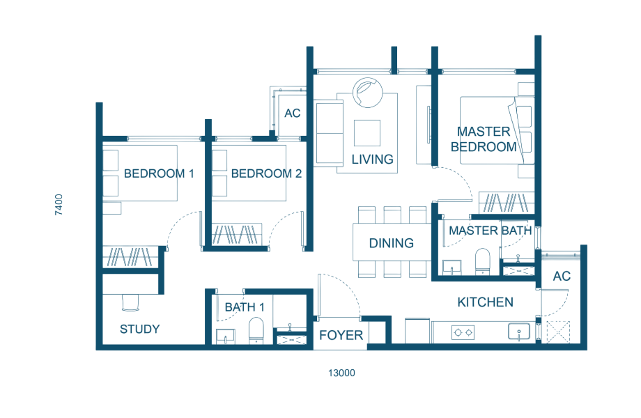 Aricia Type C1 floor plan — 872 sq ft